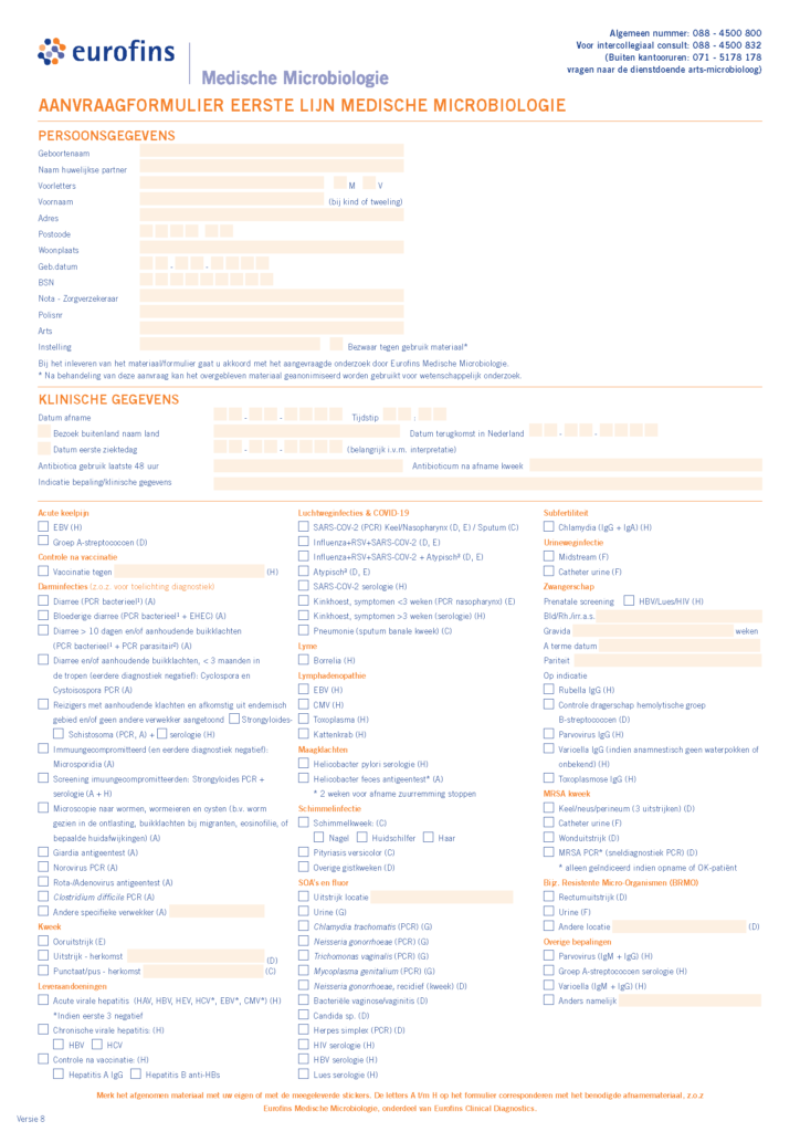 Aanvraagformulier Eerstelijns Medische Microbiologie Eurofins